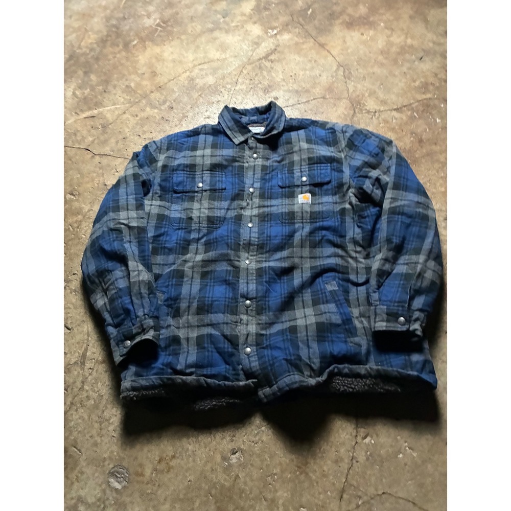 Carhartt Mens XL Blue Grey Plaid Sherpa Lined Flannel Shirt Jacket Relaxed Fit - Picture 3 of 6